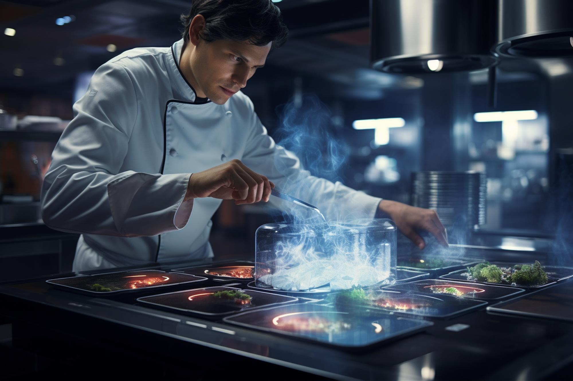 Modernus kulinarinis meistras su technologine virtuve